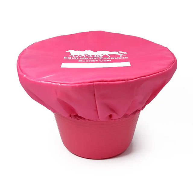 Bright pink padded equilibrium bucket cosi with white logo insulated waterproof cover to prevent horse feed spoilage