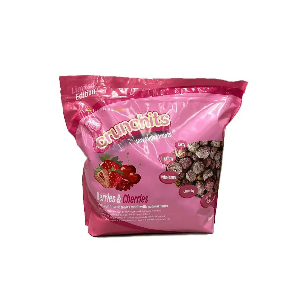 Pink plastic bag of equilibrium crunchits berries low sugar horse treats with berries and cherries flavor