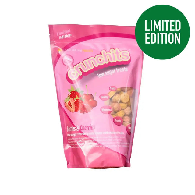 Pink plastic bag of equilibrium crunchits berries low sugar horse treats packed with nuts and berries & cherries flavors