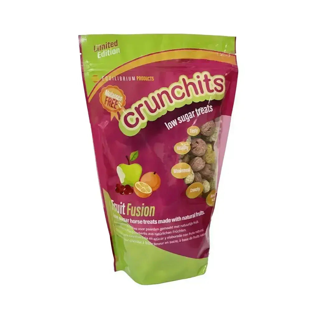 A vibrant pink and green glossy pouch of equilibrium crunchits fruit fusion low sugar horse treats with fruit illustrations