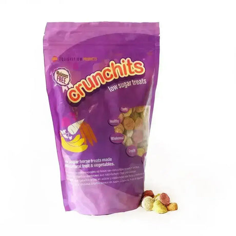Purple pouch of equilibrium crunchits horse treats low sugar with playful unicorn and colorful candy beta nops spilling out