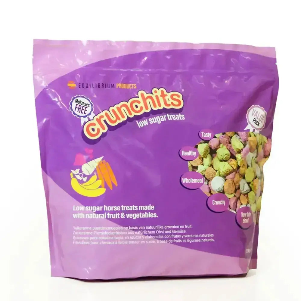 Purple pouch of equilibrium crunchits horse treats with low sugar colorful fruit and vegetable shaped snacks beta nops