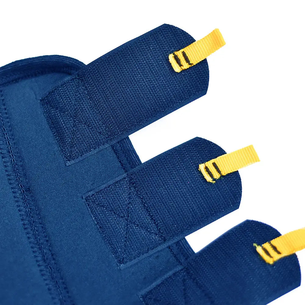 Blue neoprene wrist support with yellow velcro tabs from equilibrium equi-chaps close contact chaps for mud fever prevention