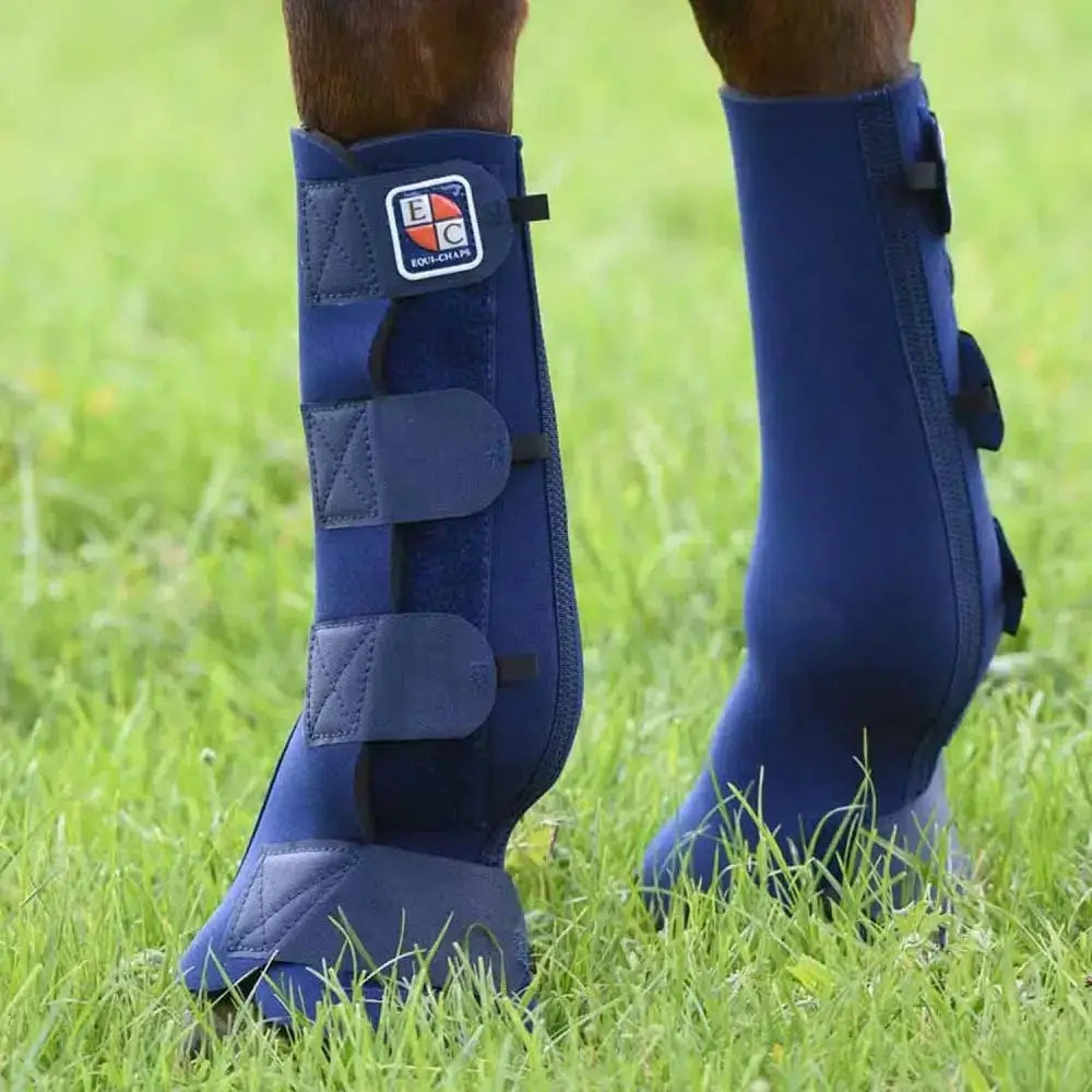 Navy blue equi-chaps hardy horse leg wraps with adjustable velcro straps and reinforced stitching for tough turnout protection