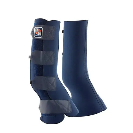 Navy blue equi-chaps hardy chaps with gray adjustable straps and branded patch for tough turnout protection on entire lower leg