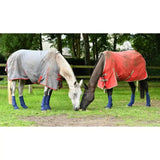 Two horses wearing equi-chaps hardy chaps in bright red and light gray with tough turnout protection on entire lower leg grazing