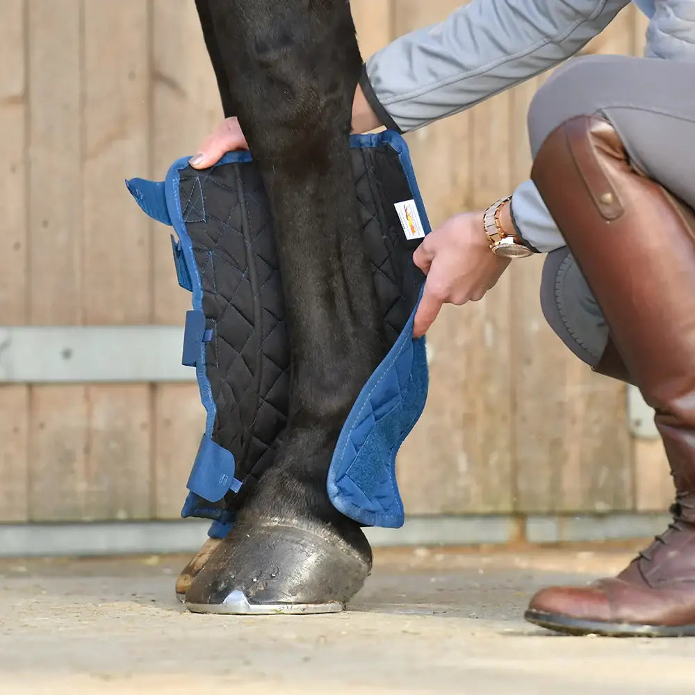 Blue quilted equilibrium equi-chaps stable chaps with black padded interior and adjustable straps for stable boots