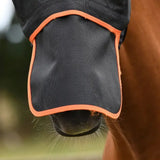 Black horse fly mask with orange trim featuring equilibrium field relief detachable nose piece for relief detachable nose use
