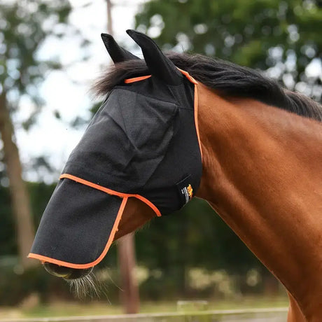 Black mesh horse fly mask with orange trim and small logo features equilibrium field relief detachable nose piece black