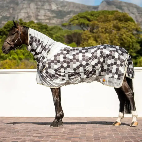 A sleek breathable equilibrium field relief fly rug in gray with a modern hexagonal pattern for field use