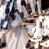 Gray and black hexagonal pattern equilibrium field relief fly rug with reflective silver trim for horses