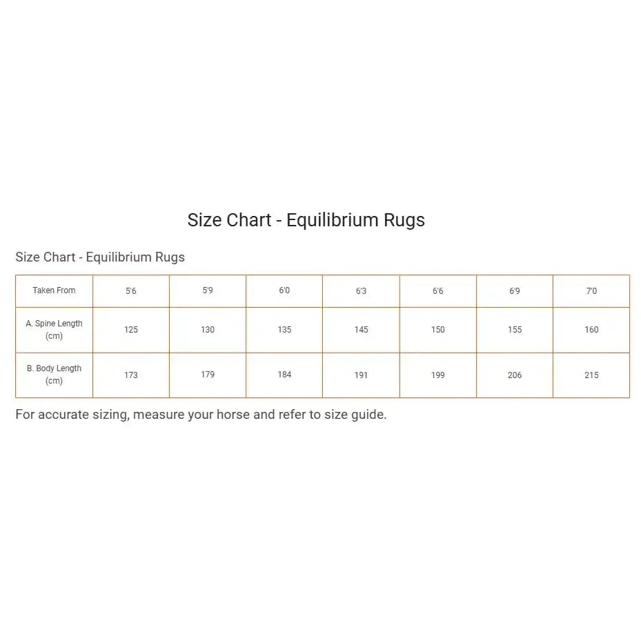 Equilibrium field relief grey relief fly rug size chart showing horse rug measurements from 5’6 to 70 inches