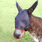 Black mesh equilibrium field relief maxi fly mask with orange trim worn by a donkey for insect protection