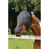 Black mesh equilibrium field relief maxi fly mask with orange trim designed for field relief and insect protection