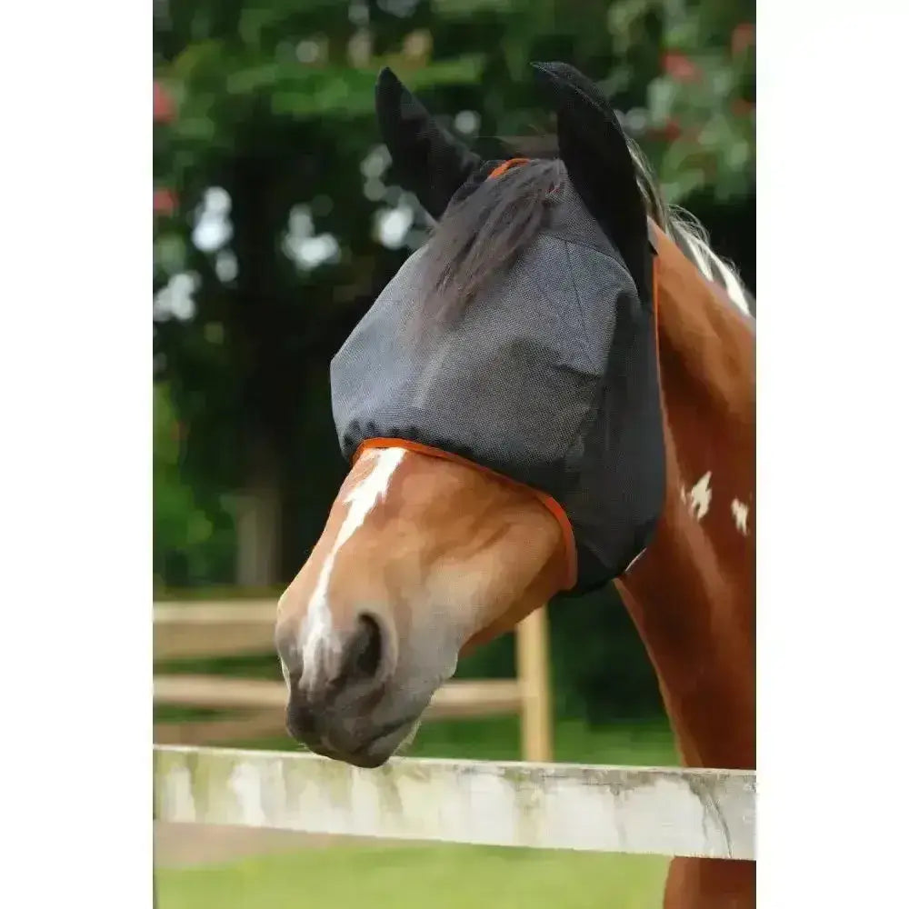 Black mesh equilibrium field relief midi fly mask with ears and orange trim for horse protection in the field