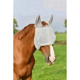 Light gray mesh equilibrium field relief midi fly mask with reinforced ear flaps and yellow trim for horse protection