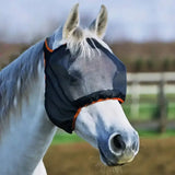 Black mesh equilibrium field relief midi fly mask with orange trim designed for field relief without ears