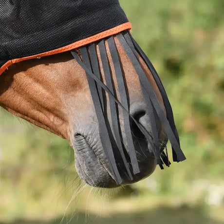Black mesh equilibrium field relief muzzle with orange trim and black leather relief muzzle fringe for flick control