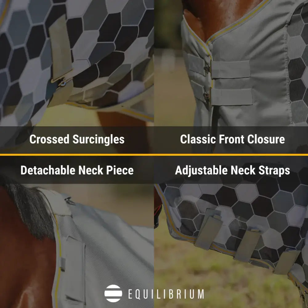 Gray and black hexagonal patterned equilibrium field relief waterproof fly rug with adjustable neck straps for horses