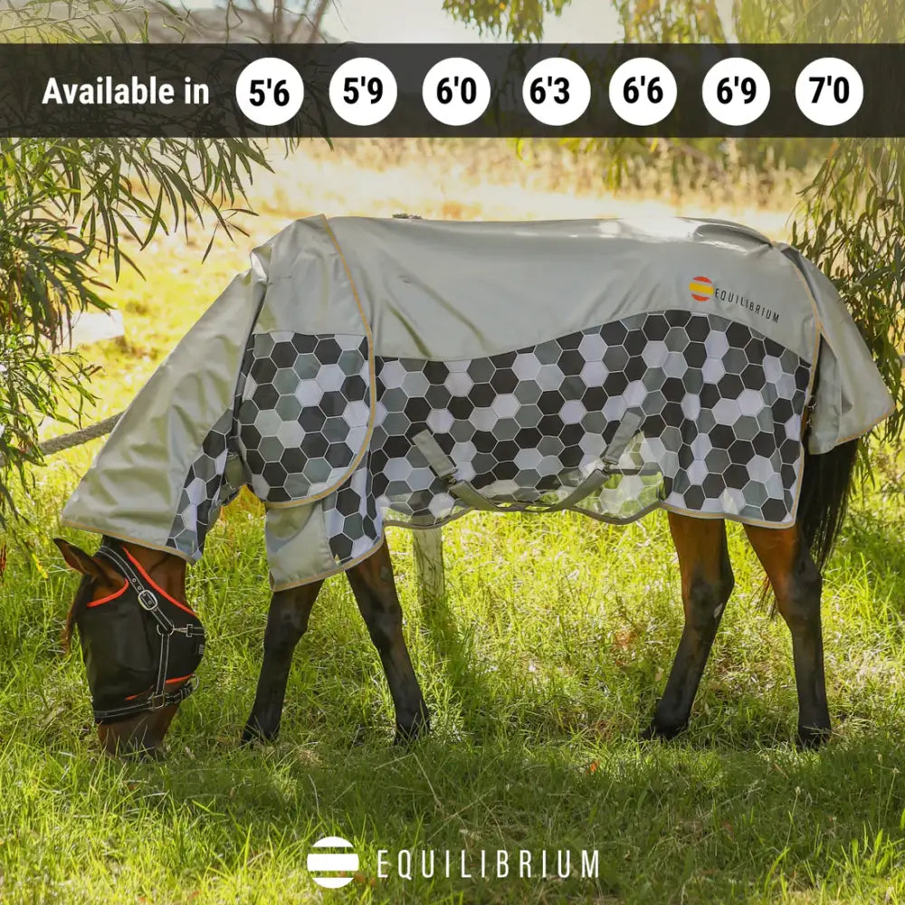 Gray equilibrium field relief waterproof fly rug with black white hex pattern and equilibrium logo on back side