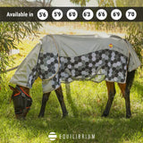 Gray equilibrium field relief waterproof fly rug with black white hex pattern and equilibrium logo on back side
