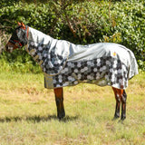 Silver hexagonal patterned equilibrium field relief waterproof fly rug with black and gray accents for horse protection