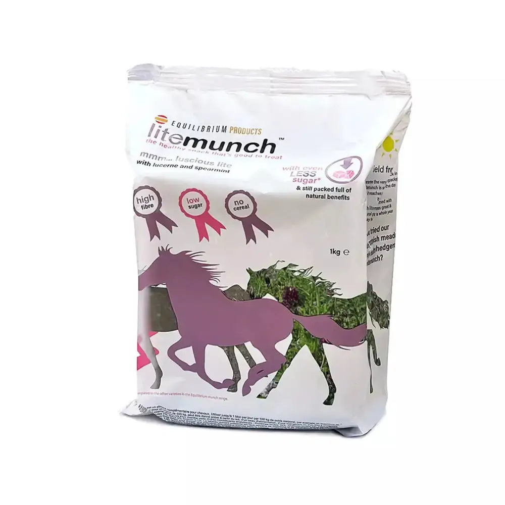 White bag of equilibrium litemunch horse treat with purple and green horse silhouettes featuring litemunch fibre