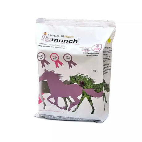 White bag of equilibrium litemunch horse treat with purple and green horse silhouettes featuring litemunch fibre