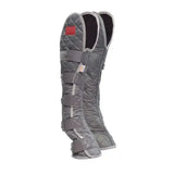 Gray quilted equilibrium magnetic chaps hind and hock with adjustable straps and red patch for horse leg protection