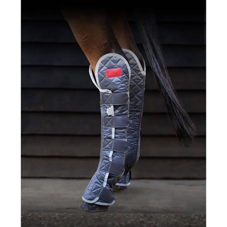 Gray quilted equilibrium magnetic chaps hind and hock with white trim and red patch for magnetic stable chaps use
