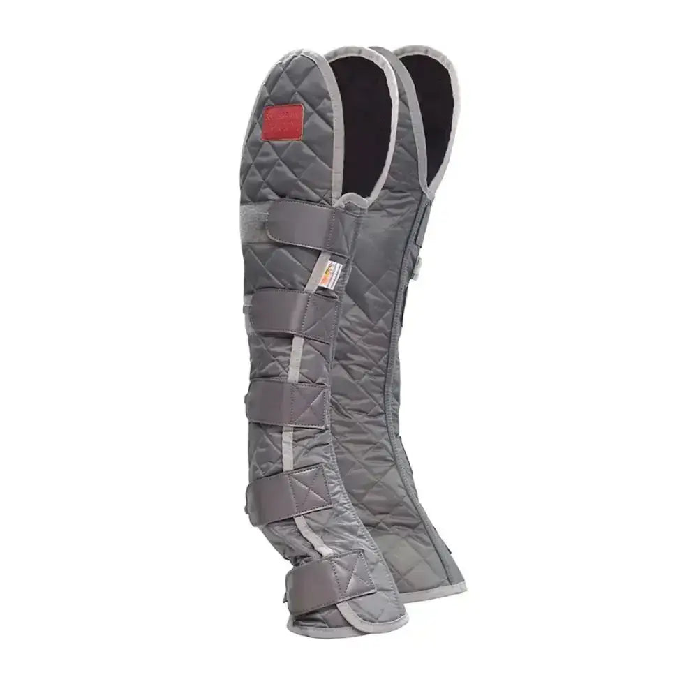 Gray quilted equilibrium magnetic chaps hind and hock with adjustable straps and red patch for horse leg protection