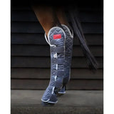 Gray quilted equilibrium magnetic chaps for hind and hock with white trim and red accent patch