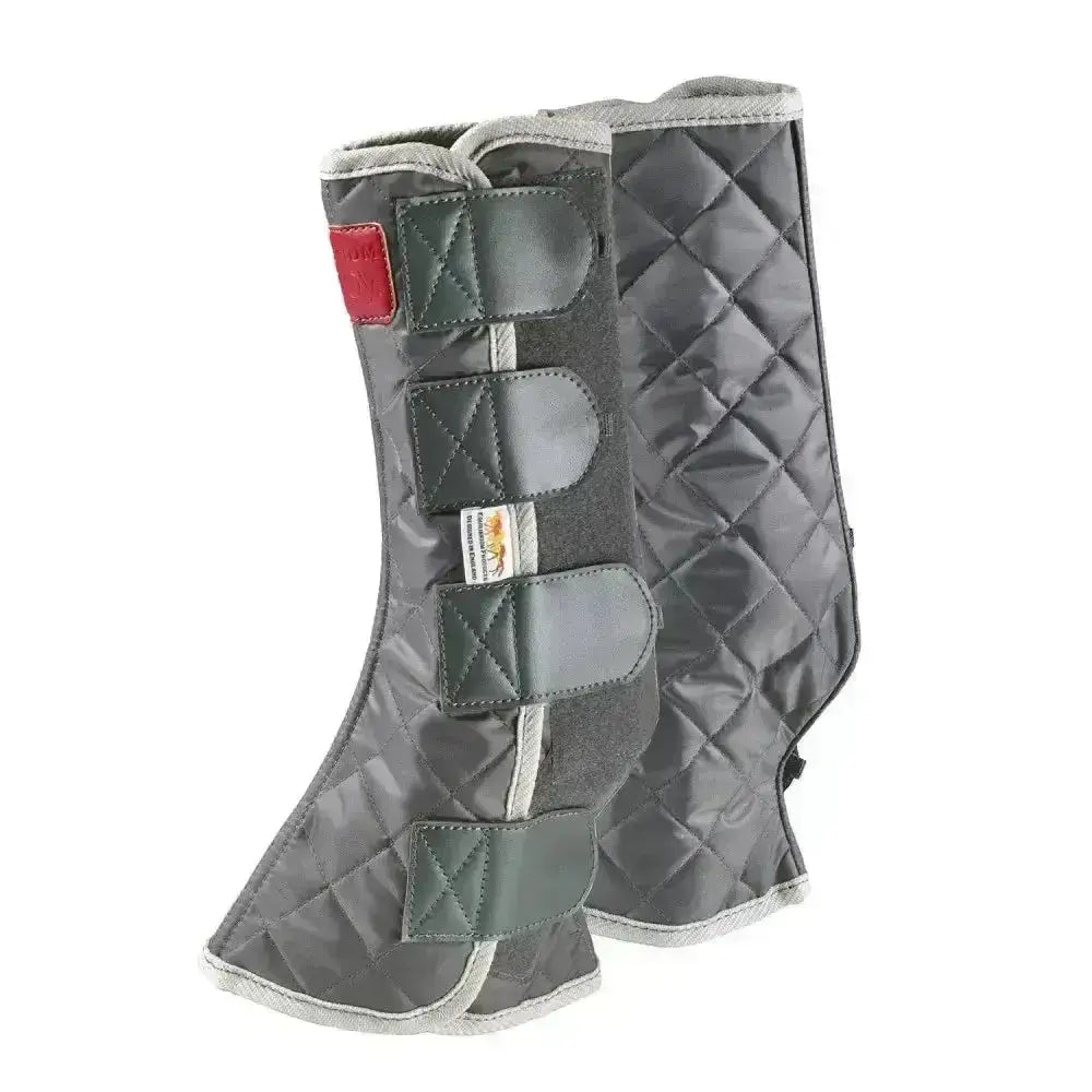 Gray quilted equilibrium magnetic chaps with dark green leather straps and red brand patch comfortable magnetic boots
