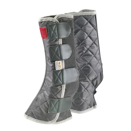 Gray quilted equilibrium magnetic chaps horse leg wraps with three straps and red brand patch for therapy boots
