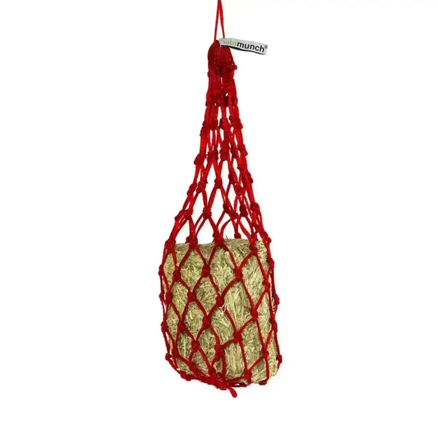 Red macrame small hole net branded vitamunch holding hay block from equilibrium munch nets for munch snacks