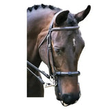 Black leather equilibrium net relief muzzle with silver metal hardware and noseband for relief muzzle fly protection