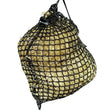 Black mesh equilibrium portionpacer 3cm haynet slow feeder filled with golden-yellow straw and drawstring closure