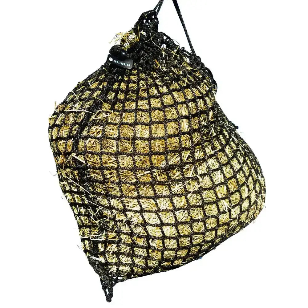 Black mesh equilibrium portionpacer 3cm haynet slow feeder filled with golden-yellow straw and drawstring closure