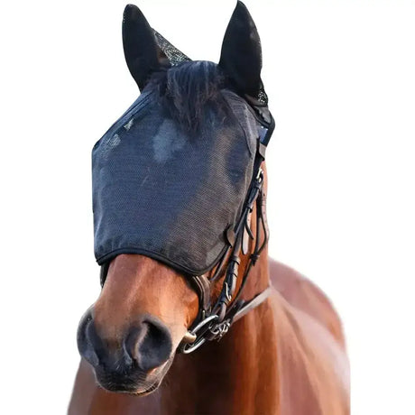 Black mesh protective horse mask with adjustable straps and ear flaps for relief riding masks and nose nets use
