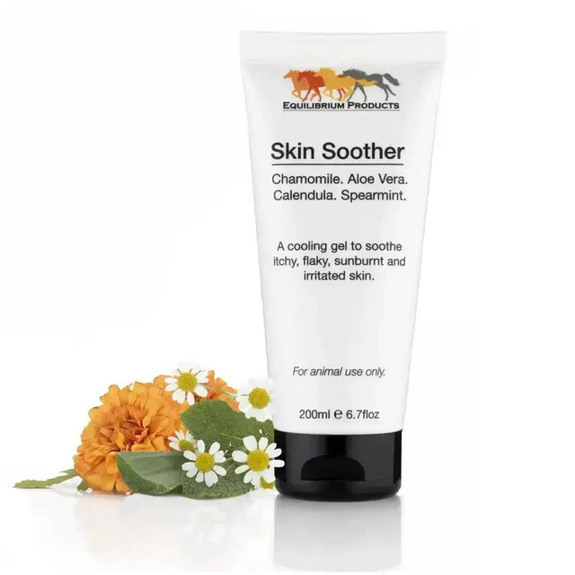 White tube of equilibrium skin soother natural cooling gel with chamomile aloe vera calendula and spearmint to soothe skin irritations