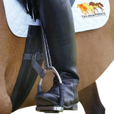Black leather riding boot with metal stirrup and padded strap for equilibrium symmetry leg correct leg position