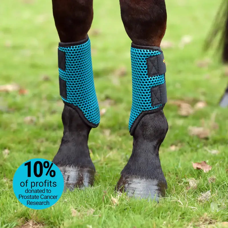 Bright blue mesh equilibrium tri-zone brushing boots with black adjustable straps scientifically tested for protection