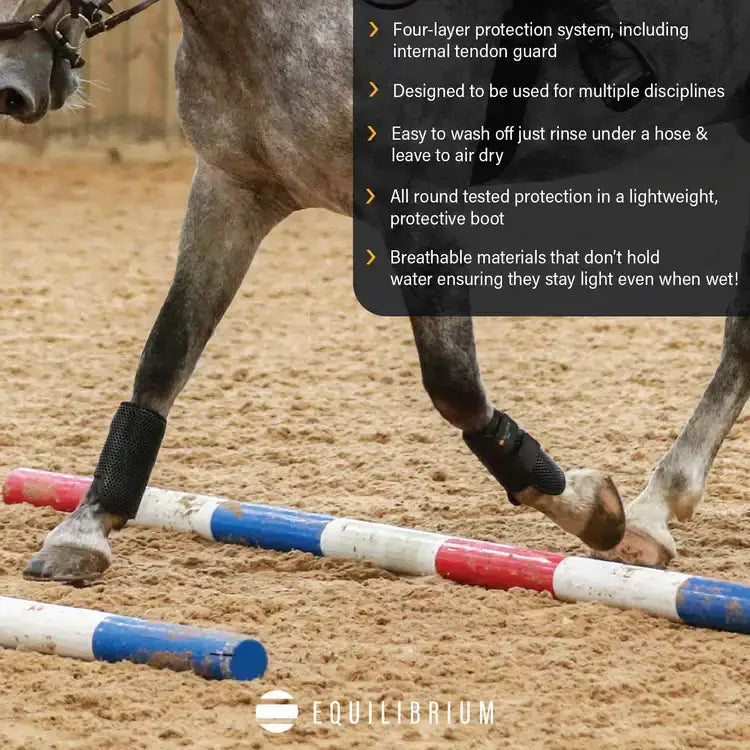 Black breathable four-layer equilibrium tri-zone brushing boots black with fluorescent pink details for horses