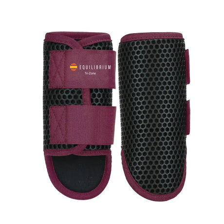 Maroon and black equilibrium tri-zone brushing boots with breathable mesh design for horse leg protection