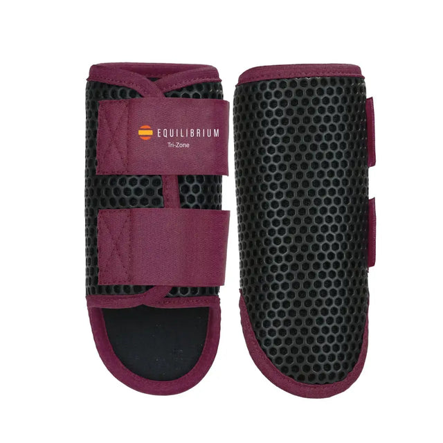 Maroon and black equilibrium tri-zone brushing boots with breathable mesh design for horse leg protection