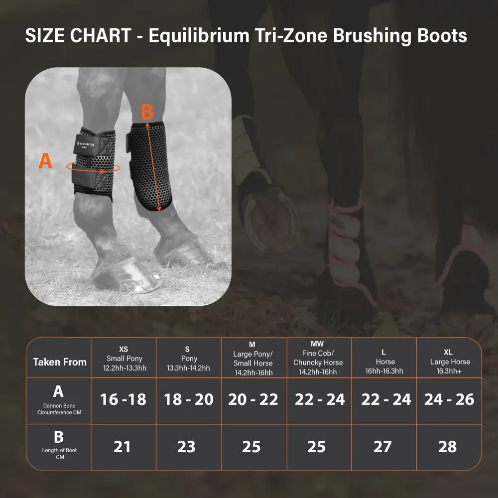 Equilibrium tri-zone brushing boots in black mesh with adjustable straps and padding for horse hoof care
