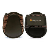 Black and brown equilibrium tri-zone fetlock boots with perforated mesh design super lightweight boots meeting protective boot standards set