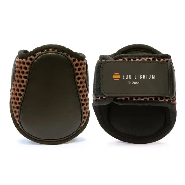 Black and brown equilibrium tri-zone fetlock boots with perforated mesh design super lightweight boots meeting protective boot standards set