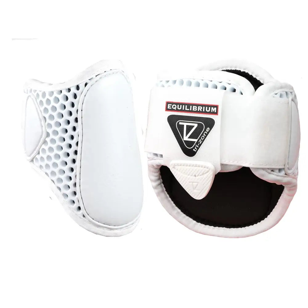 White equilibrium tri-zone fetlock super lightweight protective boots with perforated mesh and black interior lining