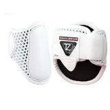 White equilibrium tri-zone fetlock super lightweight protective boots with perforated mesh and black interior lining